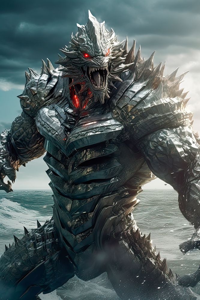 Close-up of angry armored monster and ocean. AI Generated. art print by Jaynes Gallery for $57.95 CAD