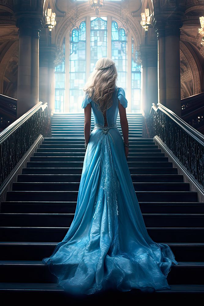 Back of blonde female model in blue dress on stairway. AI Generated. art print by Jaynes Gallery for $57.95 CAD