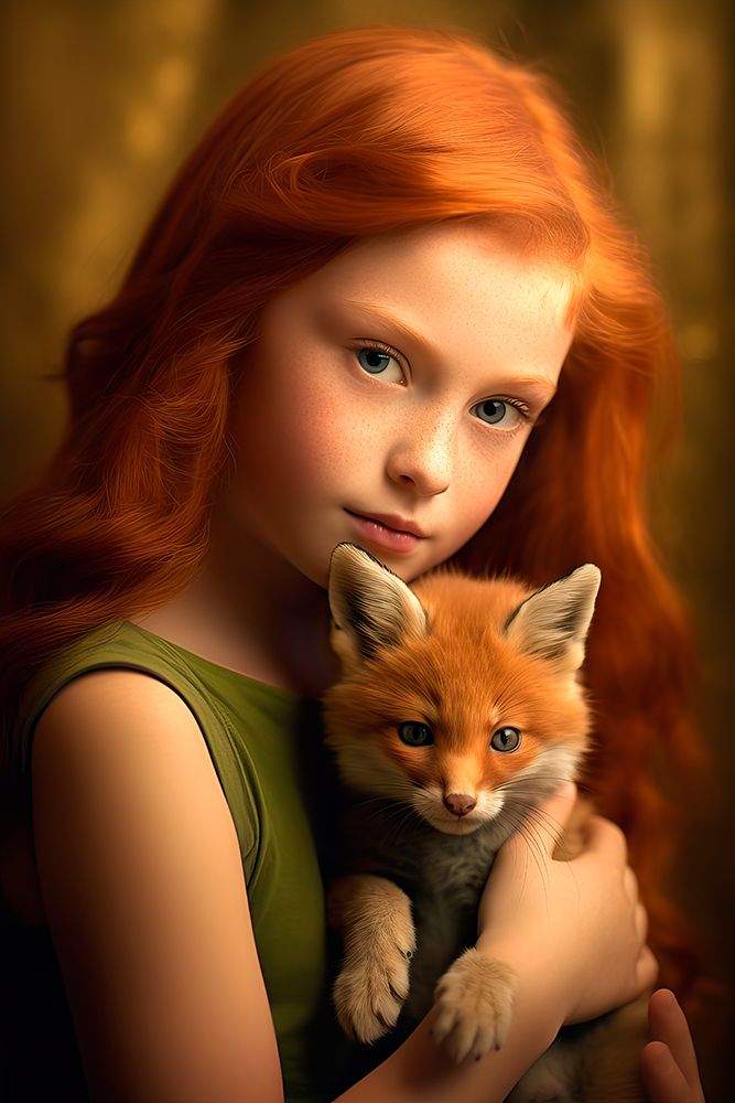 Little girl holding baby fox. AI Generated. art print by Jaynes Gallery for $57.95 CAD