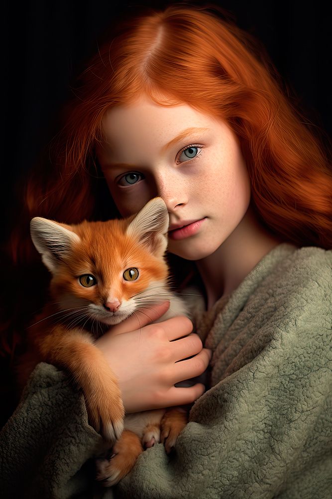 Little girl holding baby fox. AI Generated. art print by Jaynes Gallery for $57.95 CAD
