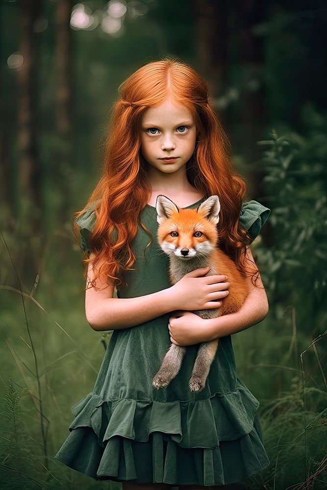 Little girl holding baby fox. AI Generated. art print by Jaynes Gallery for $57.95 CAD