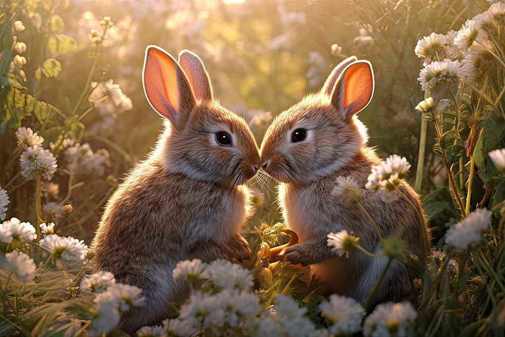 Two rabbits backlit amid flowers. AI Generated. art print by Jaynes Gallery for $57.95 CAD