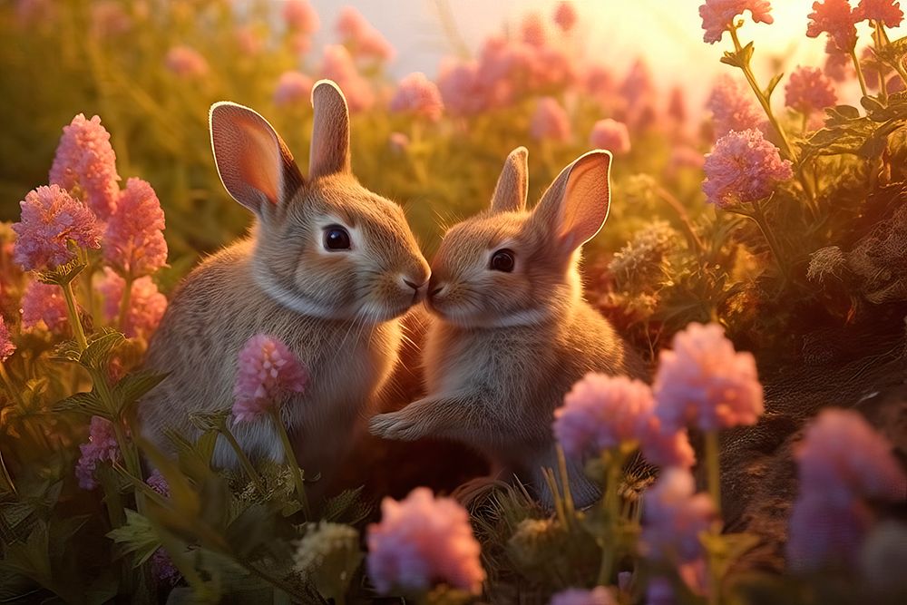 Two rabbits backlit amid flowers. AI Generated. art print by Jaynes Gallery for $57.95 CAD