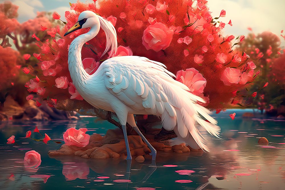 Egret in a pond with pink flowers. AI Generated. art print by Jaynes Gallery for $57.95 CAD