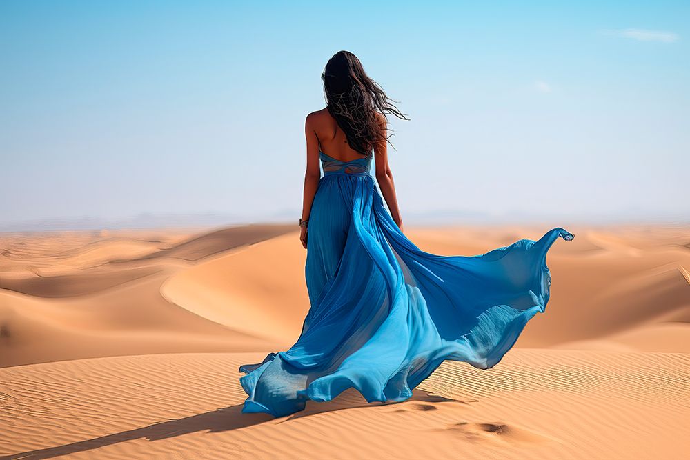 Indian woman in blue dress in desert. AI Generated. art print by Jaynes Gallery for $57.95 CAD