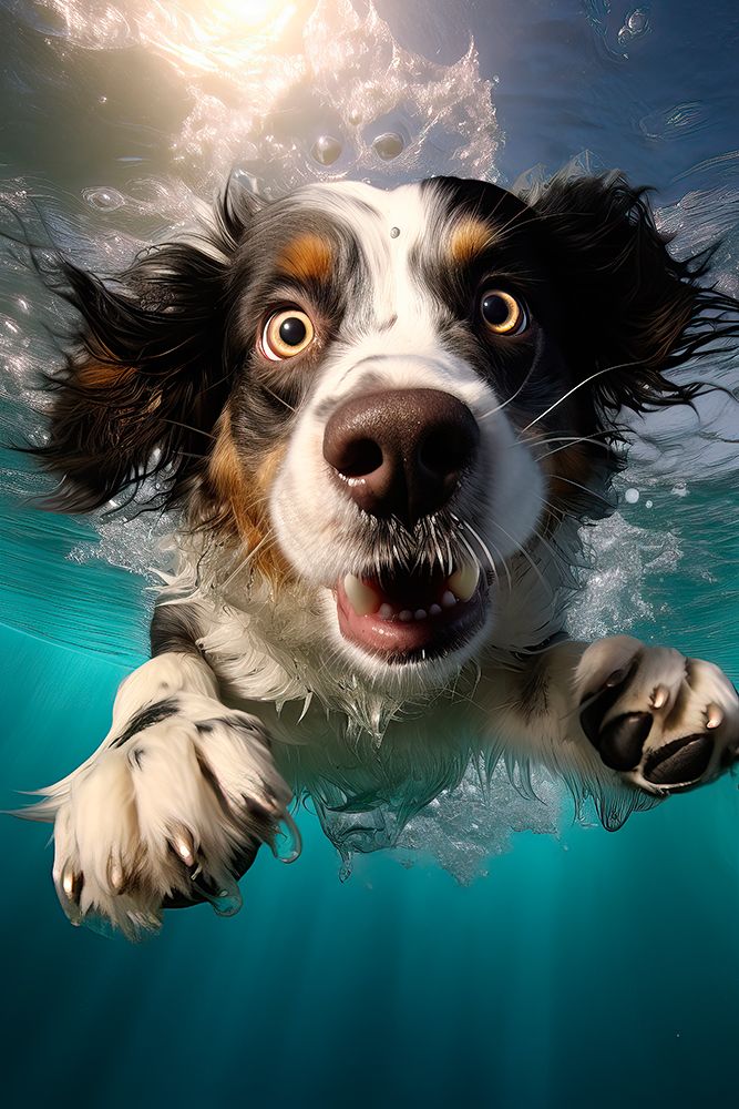 Dog diving into swimming pool. AI Generated. art print by Jaynes Gallery for $57.95 CAD