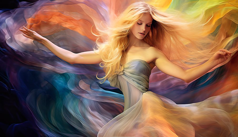Blonde woman dancer swirling her dress. AI Generated. art print by Jaynes Gallery for $57.95 CAD