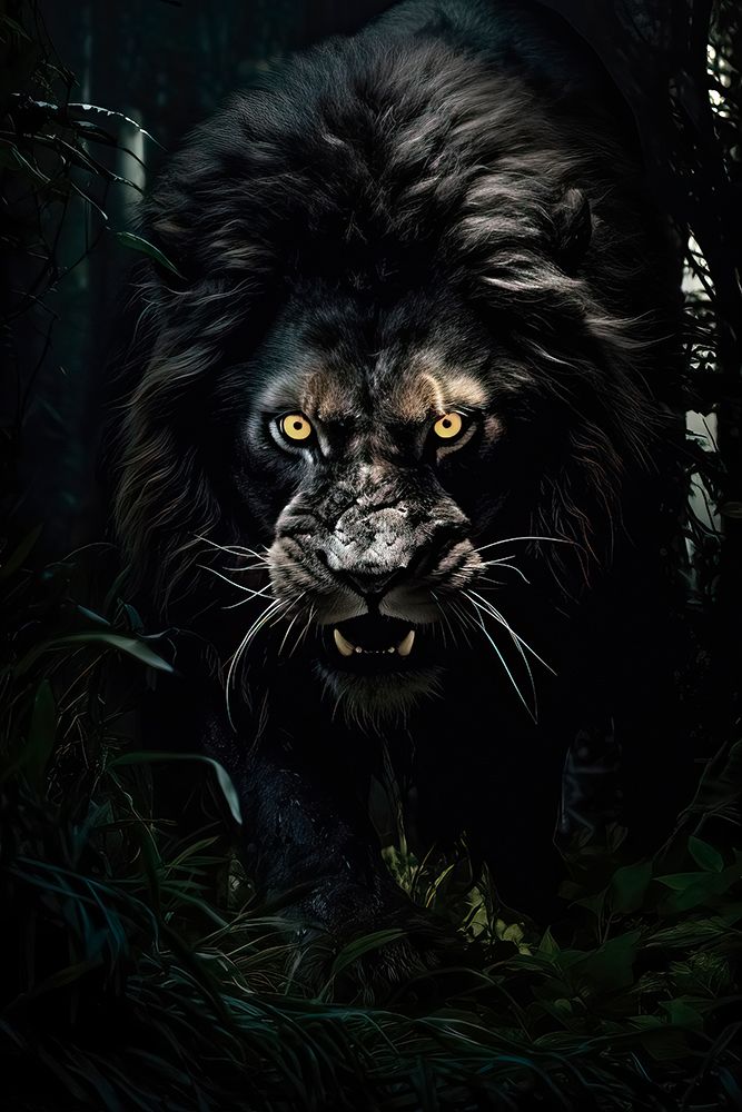 Black lion in jungle at night. AI Generated. art print by Jaynes Gallery for $57.95 CAD