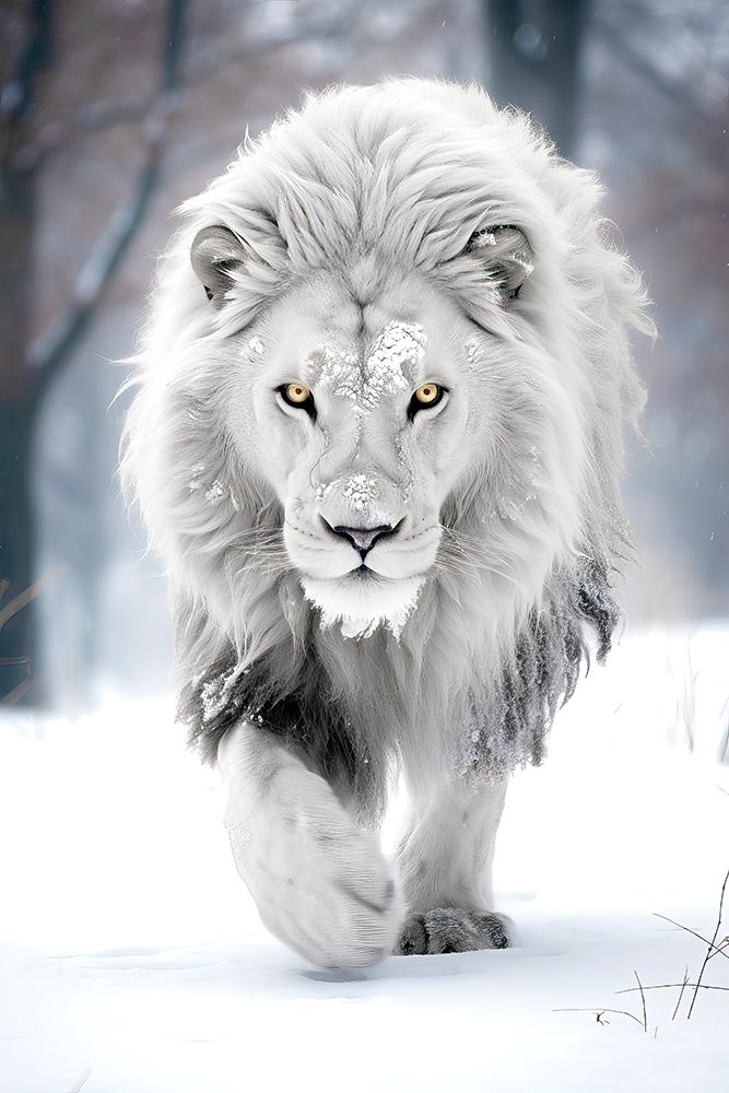 White lion walking in snow. AI Generated. art print by Jaynes Gallery for $57.95 CAD