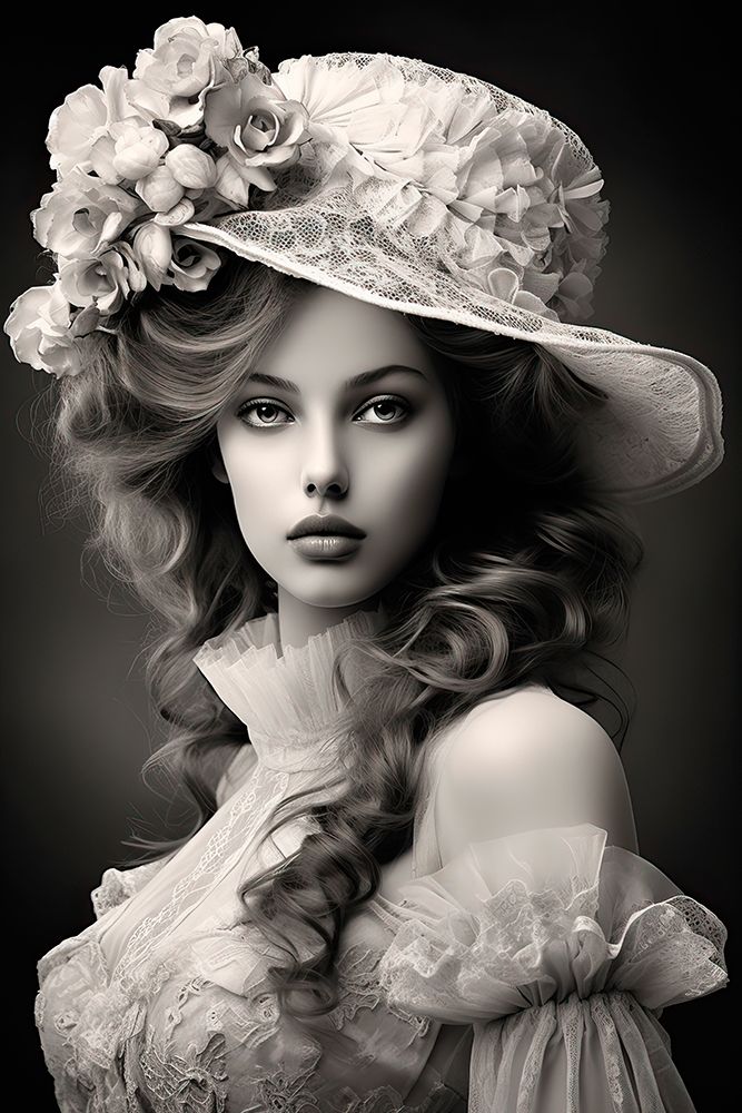Black and white of 1890s female fashion model in hat and white lace. AI Generated. art print by Jaynes Gallery for $57.95 CAD
