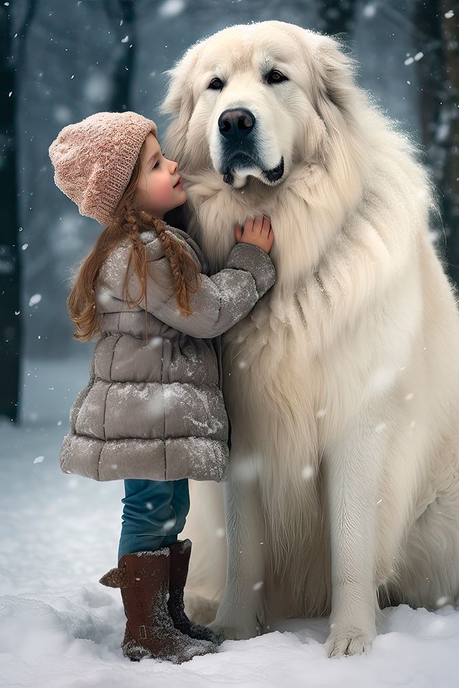 Little girl and great Pyrenees dog in snow. AI Generated. art print by Jaynes Gallery for $57.95 CAD