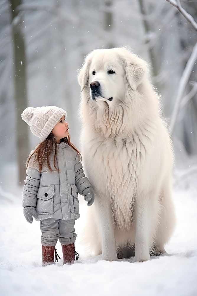 Little girl and great Pyrenees dog in snow. AI Generated. art print by Jaynes Gallery for $57.95 CAD
