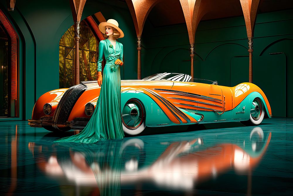 Fantasy 1930s sports car and 1930s female fashion model. AI Generated. art print by Jaynes Gallery for $57.95 CAD