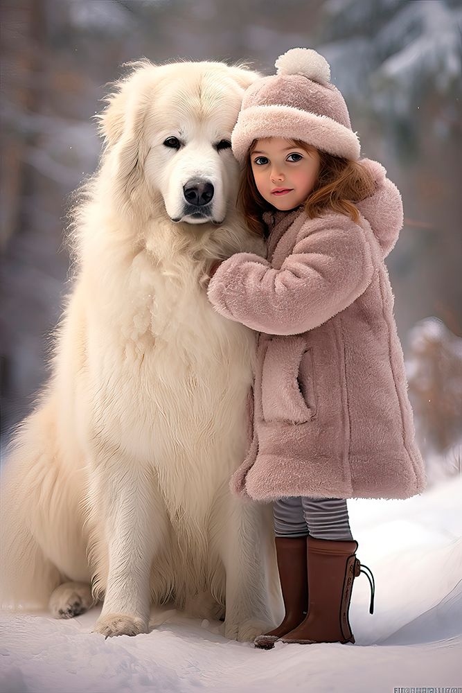 Little girl and great Pyrenees dog in snow. AI Generated. art print by Jaynes Gallery for $57.95 CAD