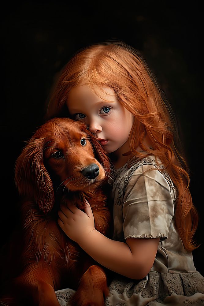 Little girl hugging Irish setter puppy. AI Generated. art print by Jaynes Gallery for $57.95 CAD
