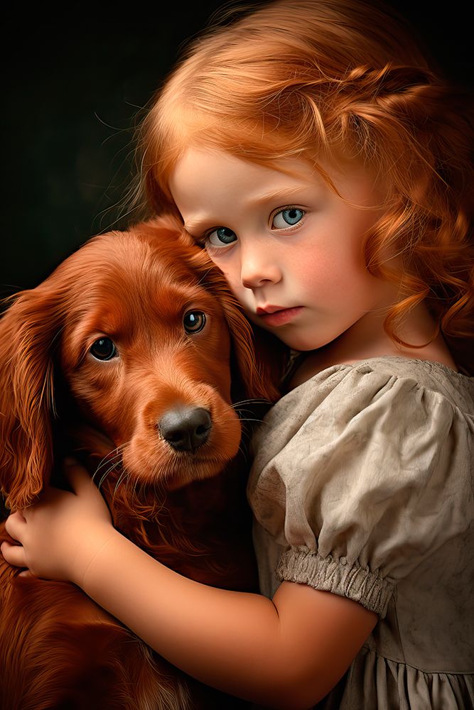 Little girl hugging Irish setter puppy. AI Generated. art print by Jaynes Gallery for $57.95 CAD