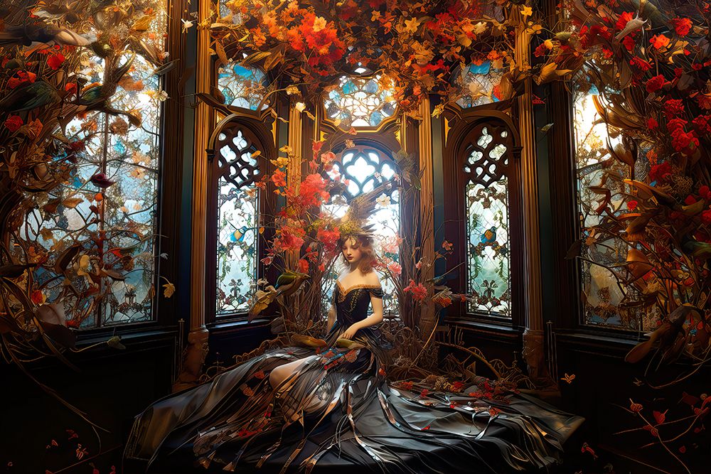Woman with flowing dress and flowers in room. AI Generated. art print by Jaynes Gallery for $57.95 CAD