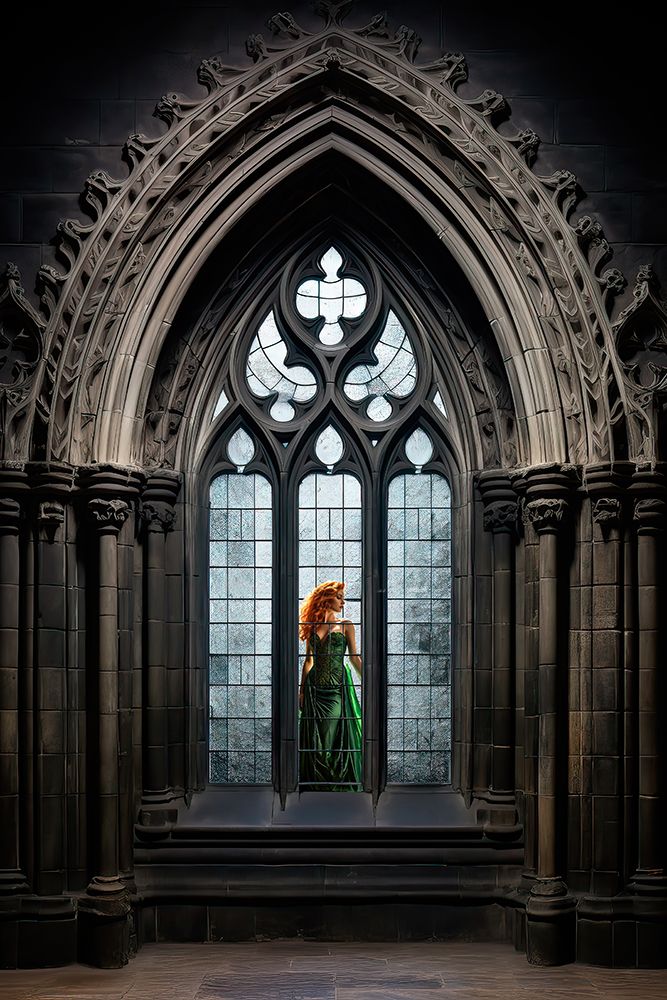 Redheaded woman in green dress outside window. AI Generated. art print by Jaynes Gallery for $57.95 CAD