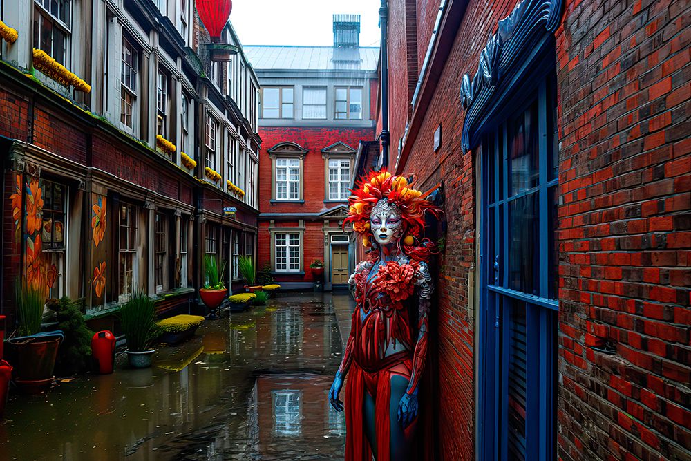 Fantasy of blue woman in an English courtyard. AI Generated. art print by Jaynes Gallery for $57.95 CAD