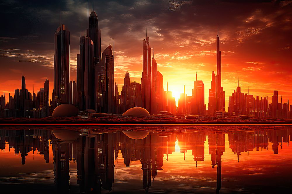 Water reflection of futuristic city skyline at sunrise. AI Generated. art print by Jaynes Gallery for $57.95 CAD