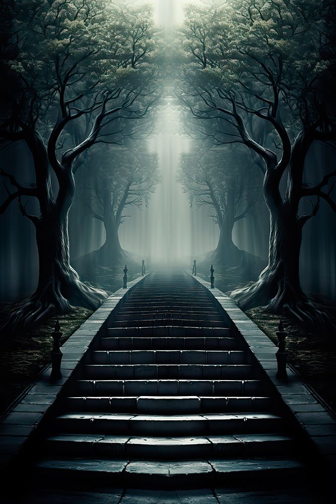 Staircase to a light in mysterious forest. AI Generated. art print by Jaynes Gallery for $57.95 CAD