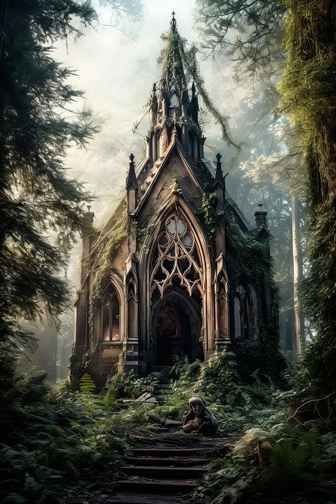 Medieval church abandoned in forest. AI Generated. art print by Jaynes Gallery for $57.95 CAD