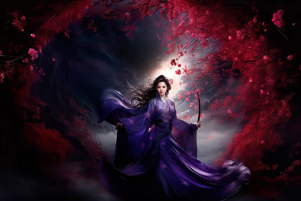 Fantasy of Japanese goddess in flowing purple dress. AI Generated. art print by Jaynes Gallery for $57.95 CAD