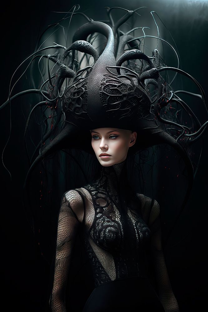Woman in black lace and exotic hat. AI Generated. art print by Jaynes Gallery for $57.95 CAD