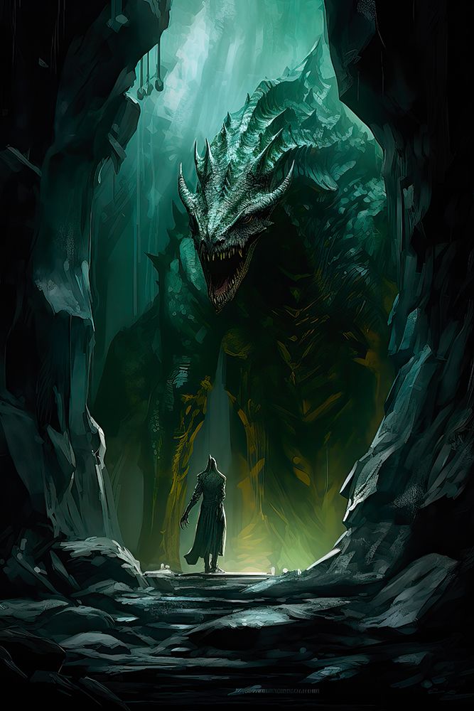 Fantasy of warrior facing a monster. AI Generated. art print by Jaynes Gallery for $57.95 CAD