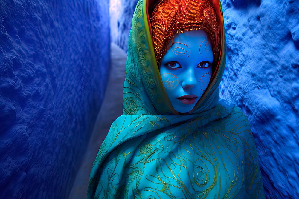 Fantasy of blue-faced woman in blue alleyway in Chefchaouen, Morocco. AI Generated. art print by Jaynes Gallery for $57.95 CAD