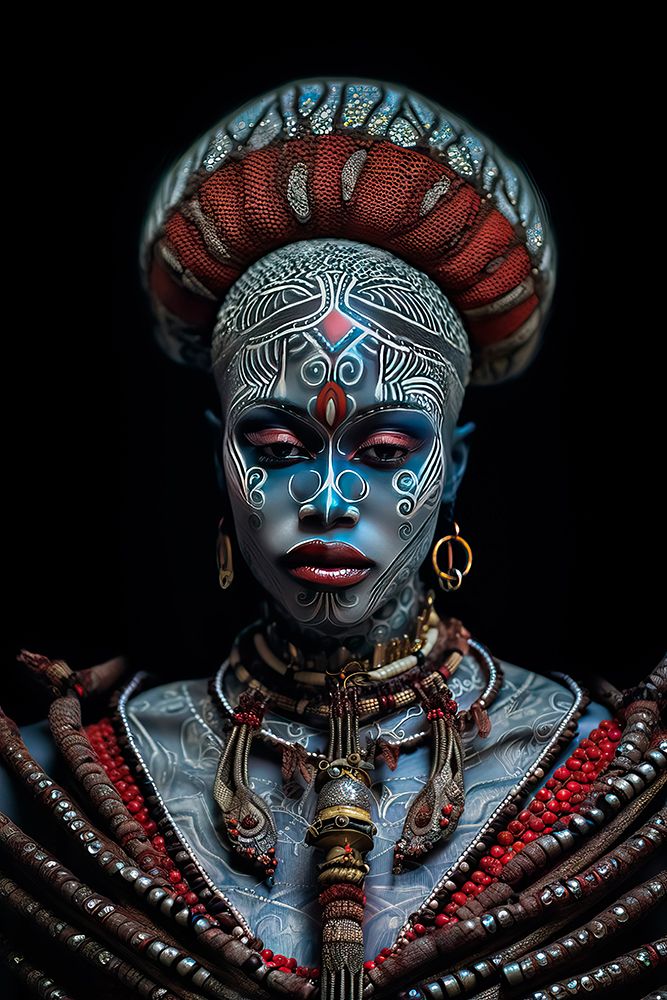 Tattooed tribal woman in hat and beads. AI Generated. art print by Jaynes Gallery for $57.95 CAD