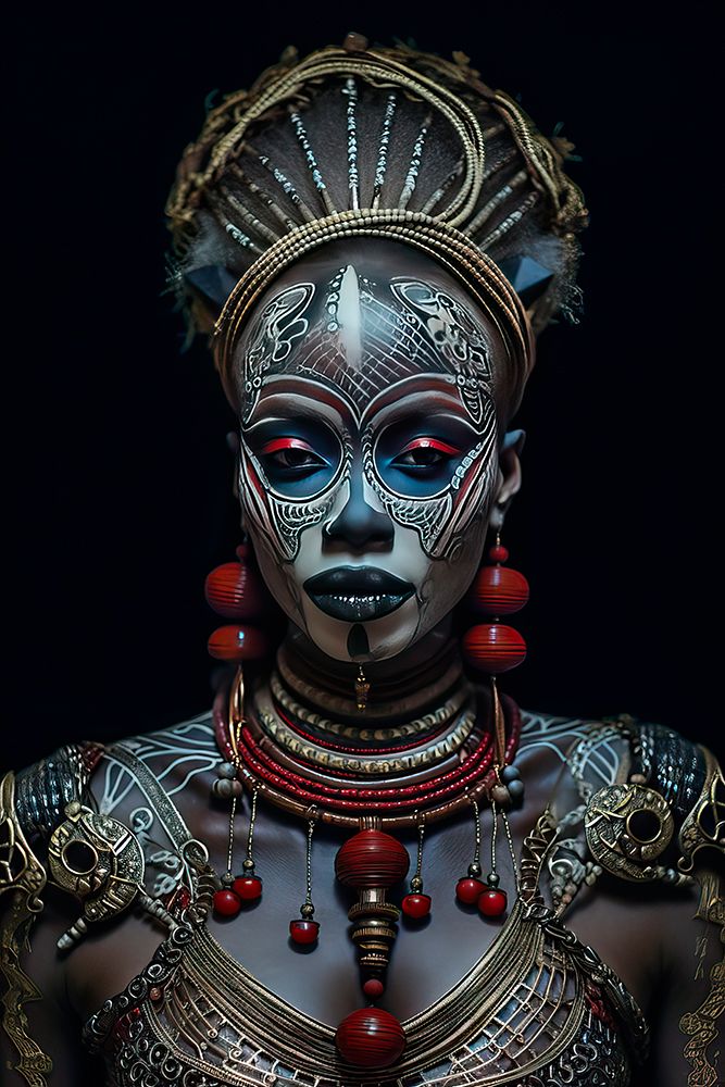 Tattooed tribal woman in hat and beads. AI Generated. art print by Jaynes Gallery for $57.95 CAD