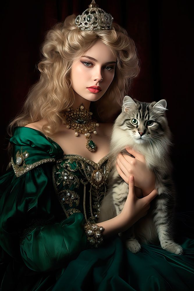 18th century queen holding Maine coon cat. AI Generated. art print by Jaynes Gallery for $57.95 CAD
