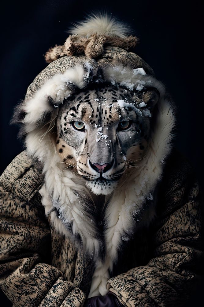 Snow leopard dressed warmly in robe. AI Generated. art print by Jaynes Gallery for $57.95 CAD