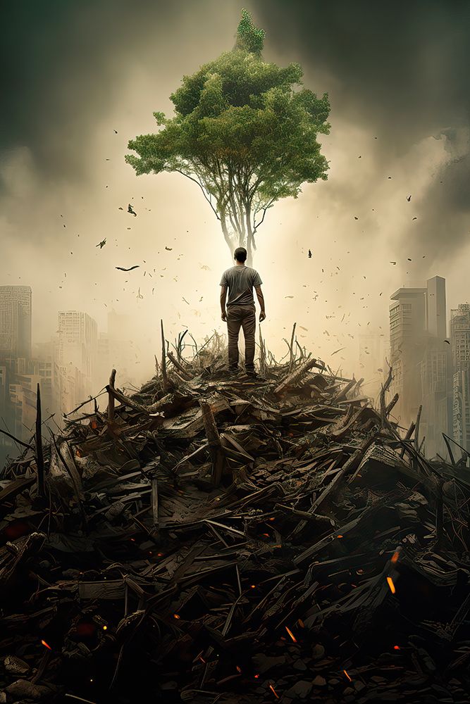 Fantasy of man on wreckage heap facing tree and survival. AI Generated. art print by Jaynes Gallery for $57.95 CAD