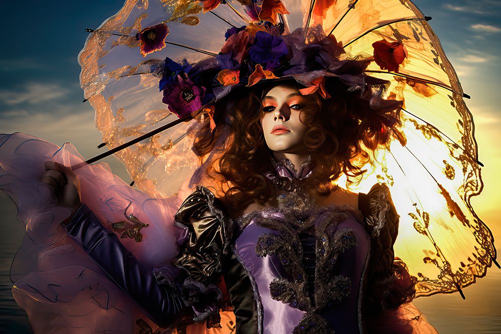Woman in Venice Carnival costume and umbrella. AI Generated. art print by Jaynes Gallery for $57.95 CAD