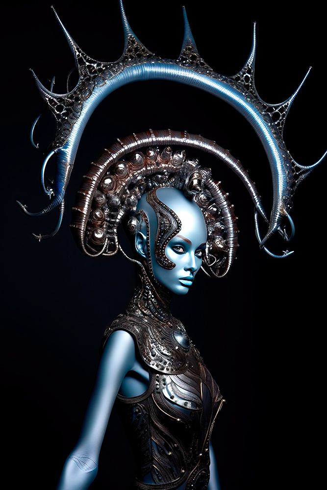 Blue alien woman in headdress and armor. AI Generated. art print by Jaynes Gallery for $57.95 CAD