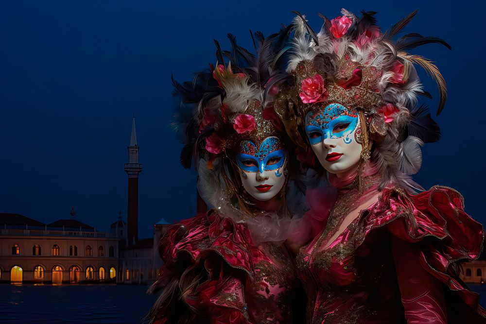 Two women in Venice Carnival costumes. AI Generated. art print by Jaynes Gallery for $57.95 CAD