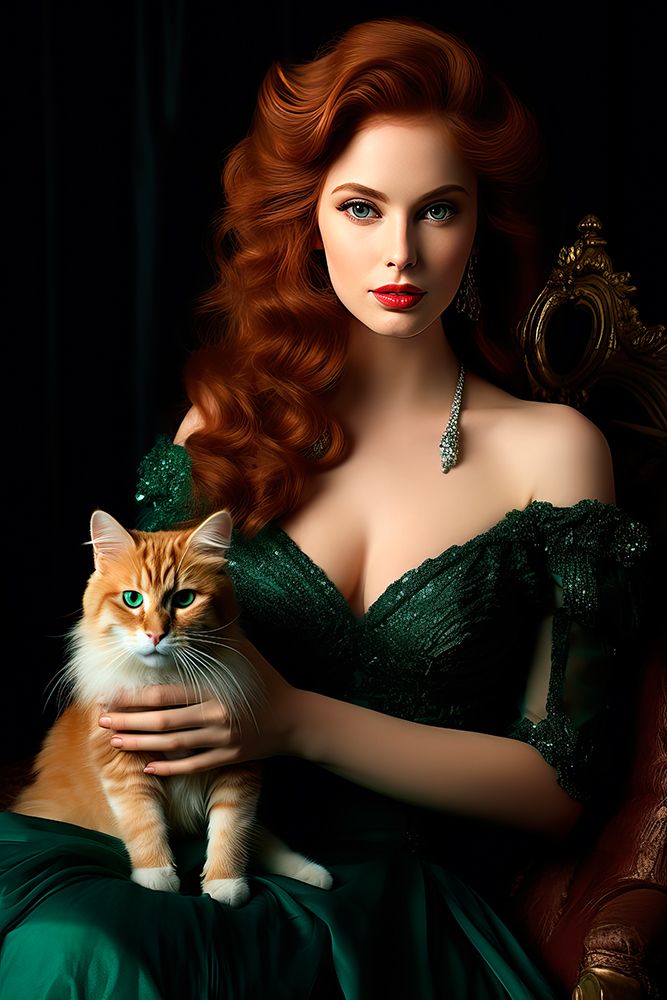 19th century French queen holding Maine coon cat. AI Generated. art print by Jaynes Gallery for $57.95 CAD