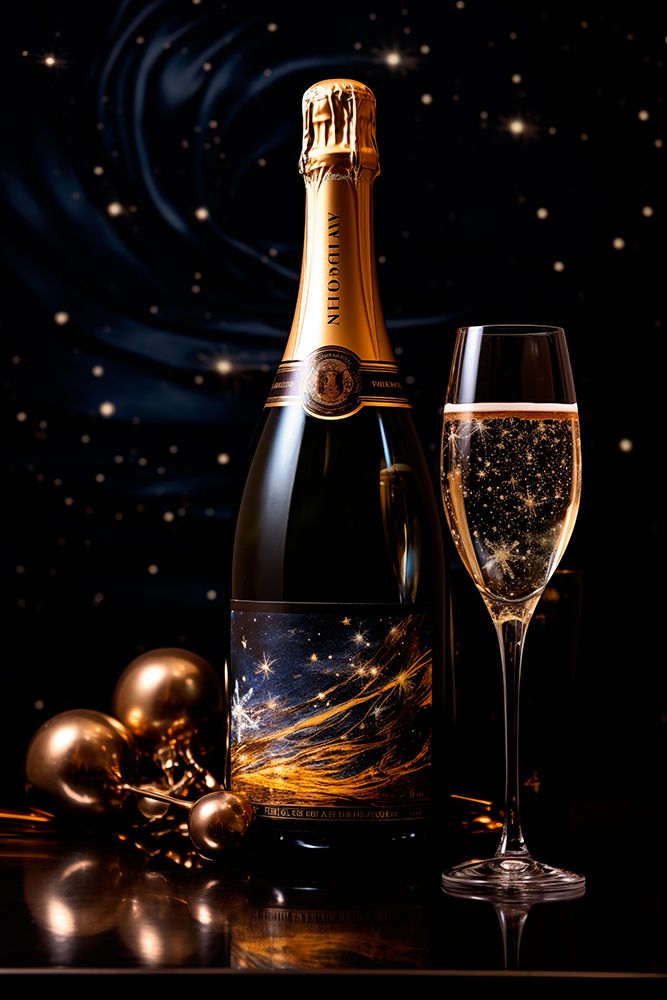 Champagne glass and bottle. (AI Generated) art print by Fred Lord for $57.95 CAD