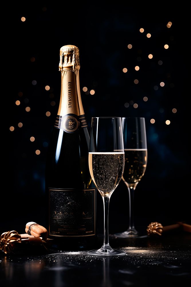 Champagne glasses and bottle on table. (AI Generated) art print by Fred Lord for $57.95 CAD