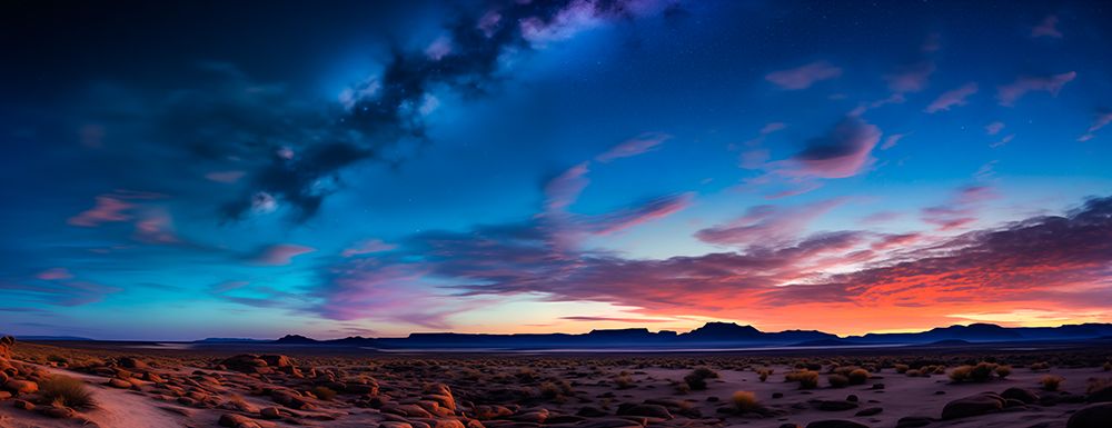 Desert and mountain landscape at sunrise. (AI Generated) art print by Fred Lord for $57.95 CAD