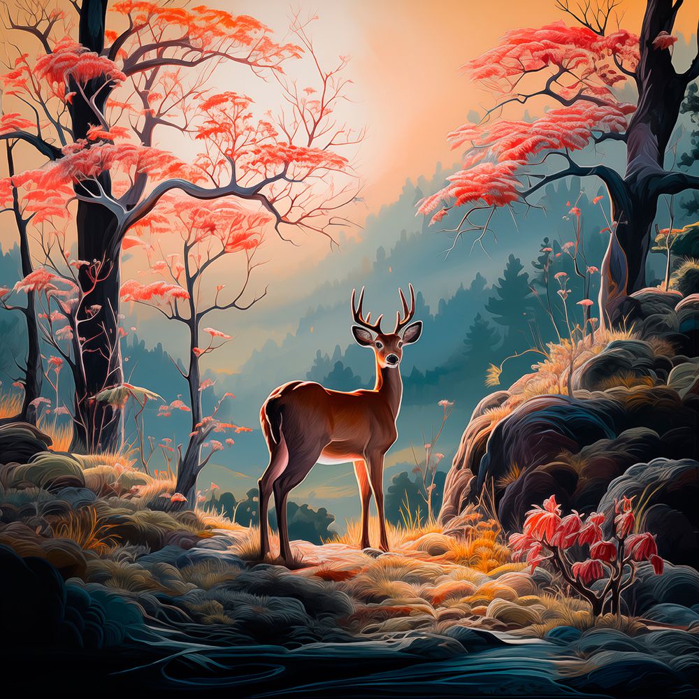 Male deer and spring scenic.  (AI Generated) art print by Fred Lord for $57.95 CAD