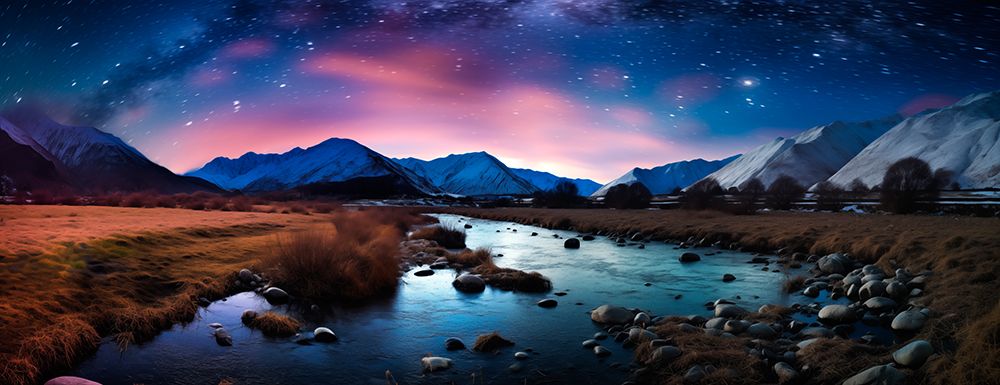 Mountain and lake landscape at sunrise. (AI Generated) art print by Fred Lord for $57.95 CAD