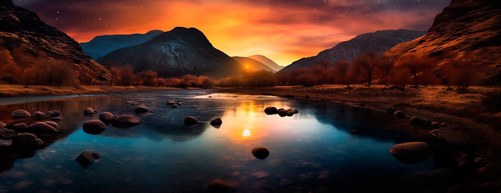 Mountain and lake landscape at sunrise. (AI Generated) art print by Fred Lord for $57.95 CAD