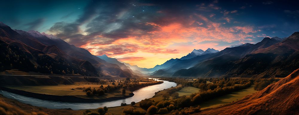 Mountain and river landscape at sunrise. (AI Generated) art print by Fred Lord for $57.95 CAD