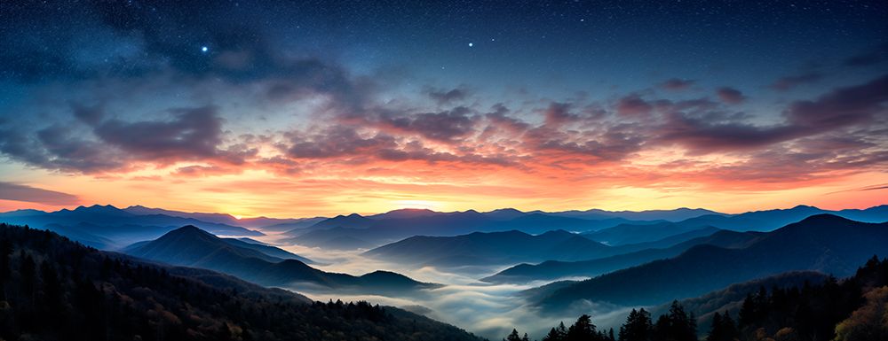 Mountain landscape at sunrise with fog. (AI Generated) art print by Fred Lord for $57.95 CAD