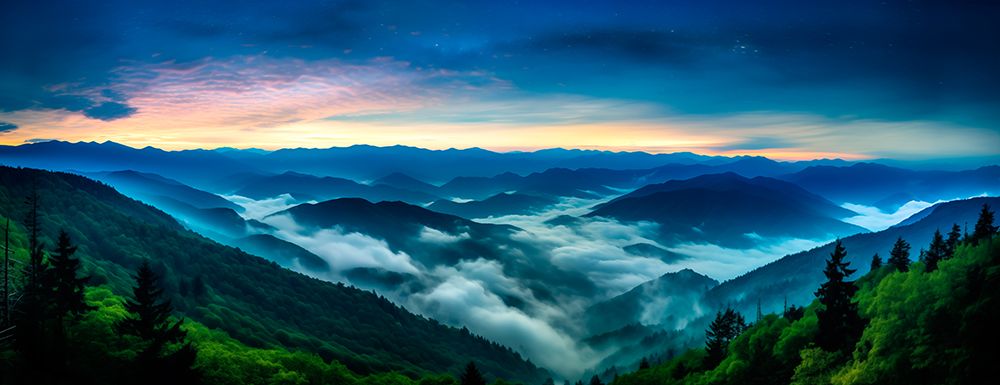 Mountain landscape at sunrise with low clouds. (AI Generated) art print by Fred Lord for $57.95 CAD