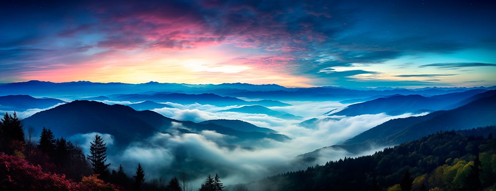 Mountain landscape at sunrise with low clouds. (AI Generated) art print by Fred Lord for $57.95 CAD