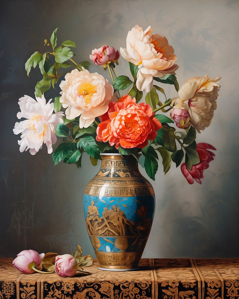 Peonies in porcelain vase.  (AI Generated) art print by Fred Lord for $57.95 CAD